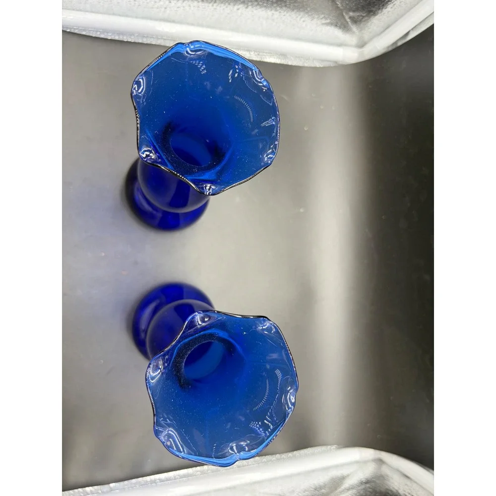 Vintage‎ Cobalt Blue Glass Bud Vases Set of 2 Ruffled Rim Hourglass Shape 8 Inch